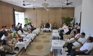 Administering the oath of newly appointed Cabinet Ministers of the State Shri Kamlong Mossang, Shri Wangki Lowang and Honchum Ngandam (from Left to Right) in  Darbar Hall, Raj Bhavan, Itanagar on 3rd August 2016.